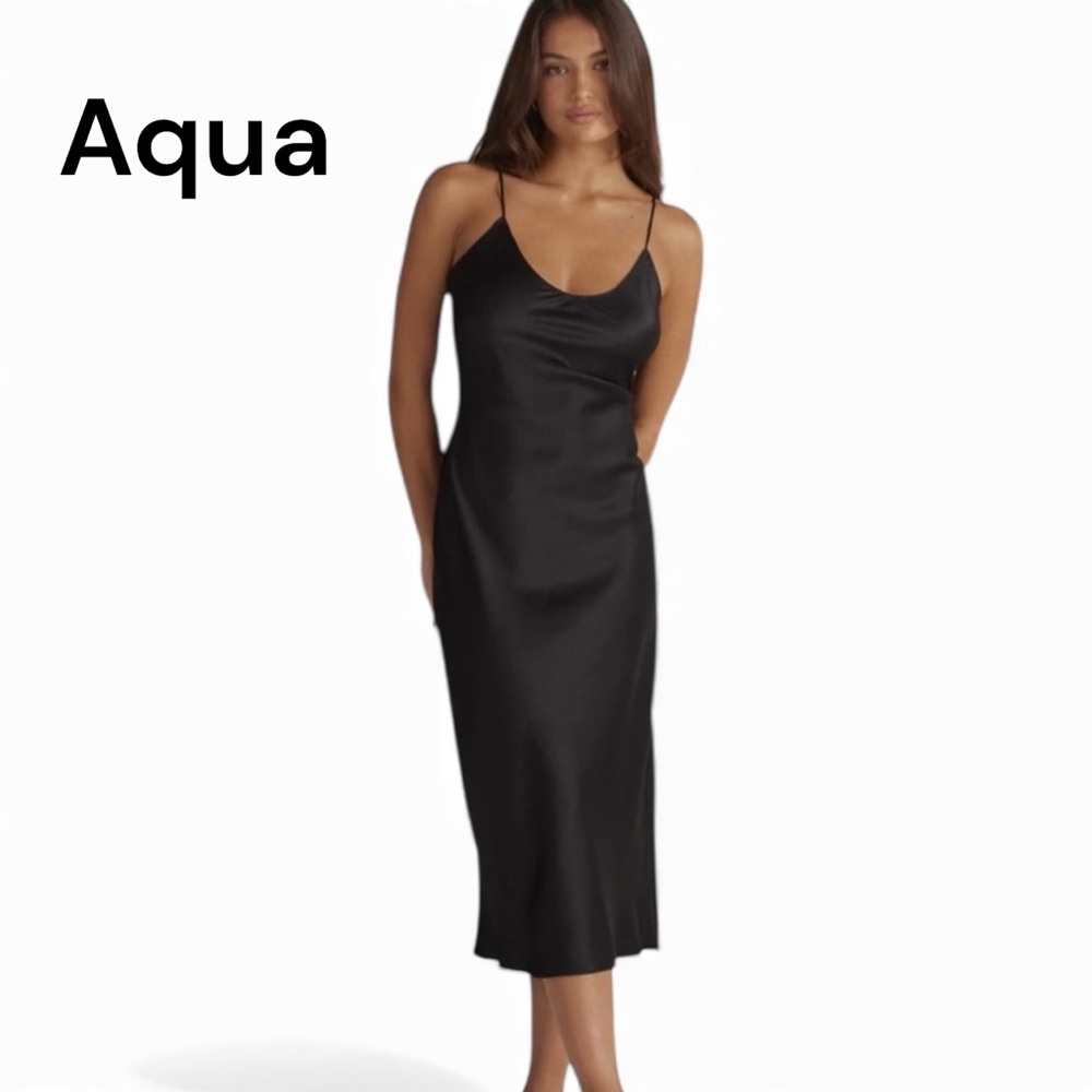 Aqua Black Satin Slip Dress Size L Midi Cocktail Date Night Minimalist NWT